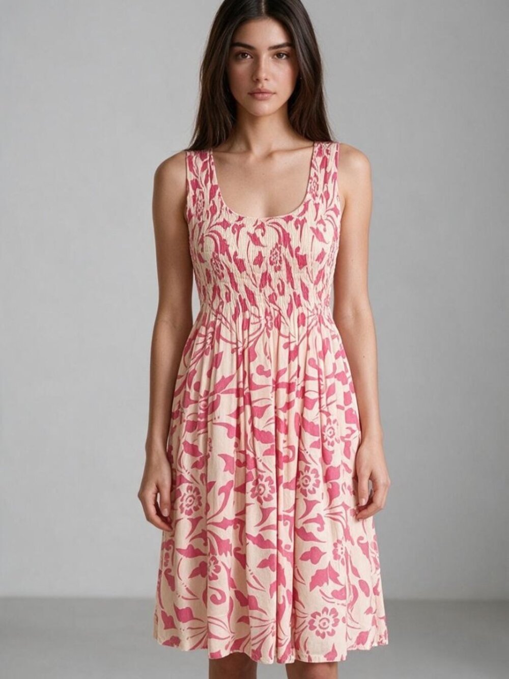 Pineapple Isle Smocked Sundress Pink Hawaiian Tropical Rayon Boho Resort Midi M